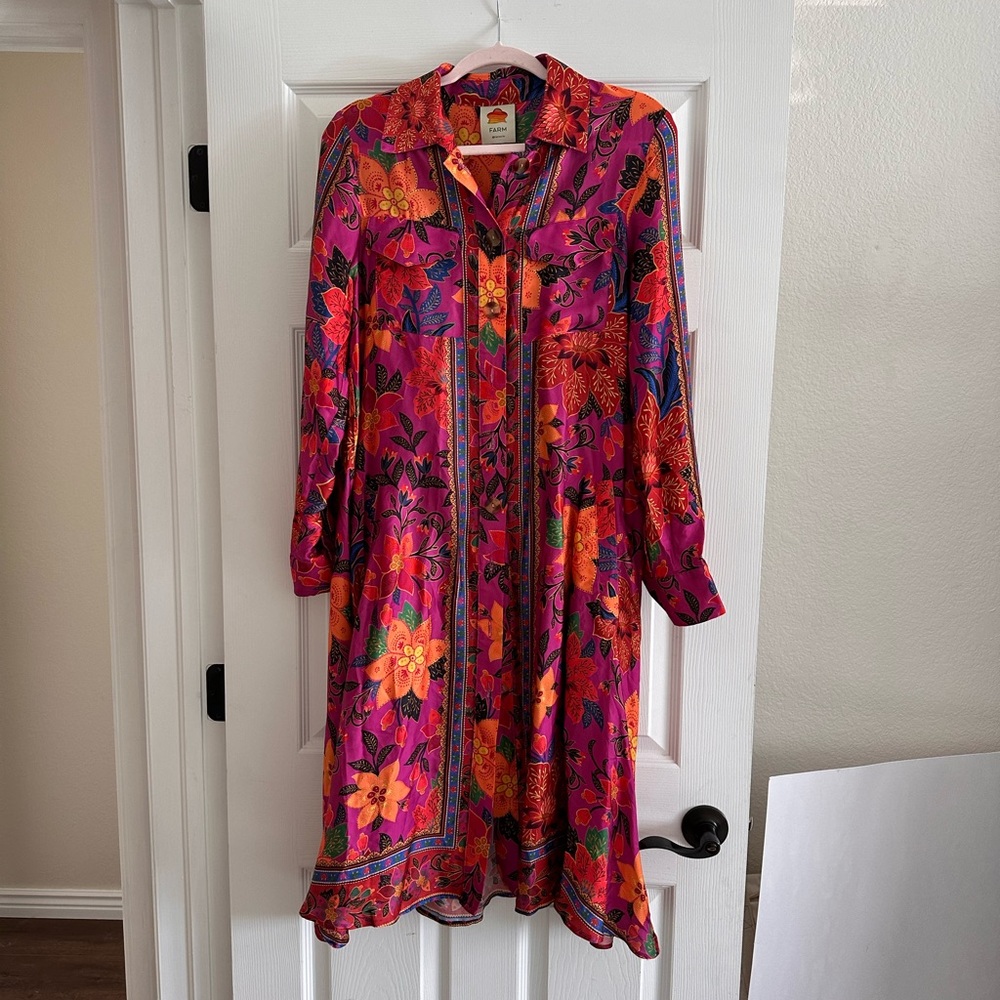 Farm Rio Tropical Tapestry Pink Long Sleeve Chemise Midi Dress